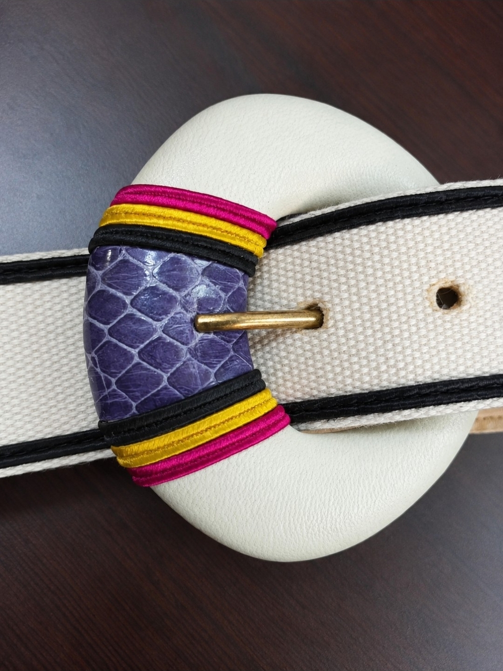 Vintage 80s White Canvas Leather Lined Belt Purple Embossed Leather Buckle